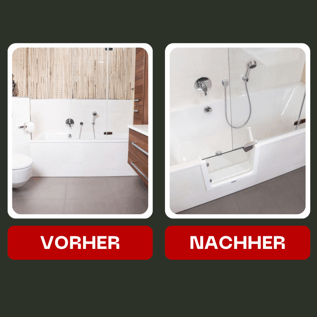 Badewannentür Lübeck „Vorher-Nachher Vergleich: Badewannentür nachgerüstet – von hoher Einstiegskante zur sicheren Lösung mit Tür in bestehender Badewanne.“